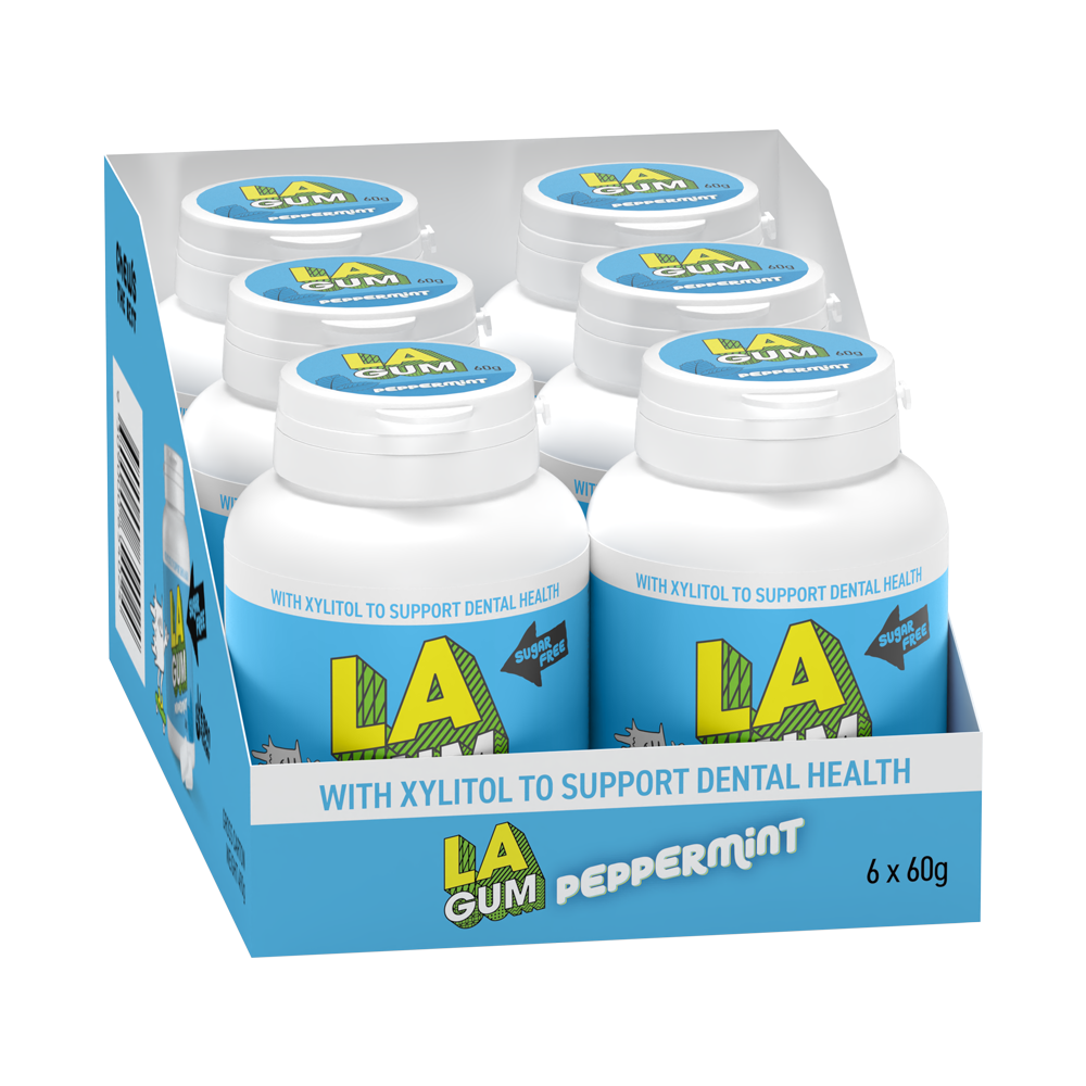 LA Gum Sugar Free Peppermint Gum with Xylitol. Box of 24 - 4 x 6 packs