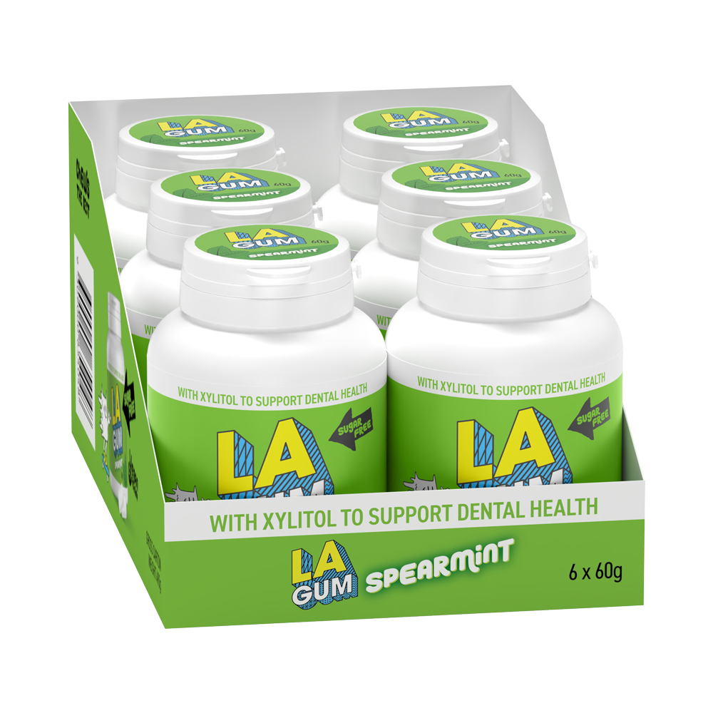 LA Gum Sugar Free Spearmint Gum with Xylitol. Box of 24 - 4 x 6 packs