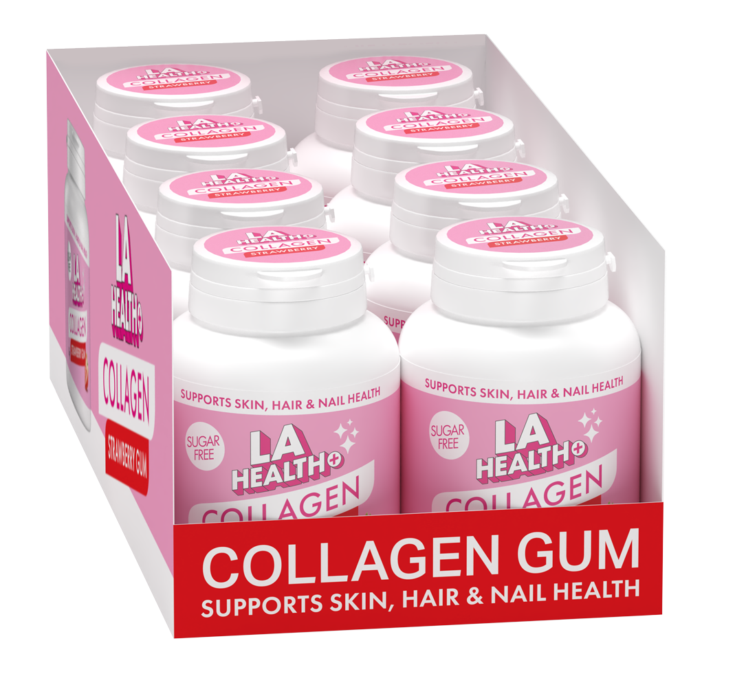 LA Health Collagen Gum Strawberry. Box of  24 - 3 x 8 packs