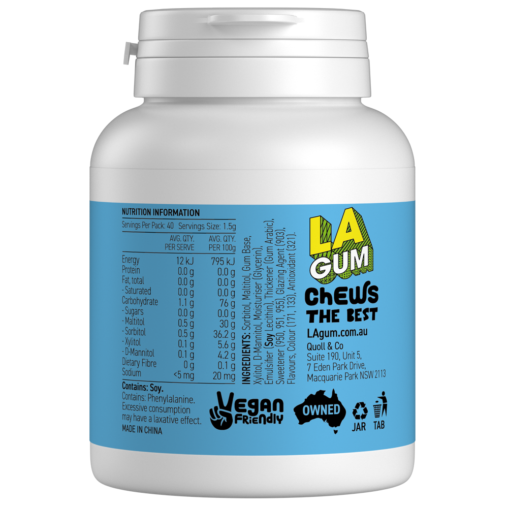 LA Gum Sugar Free Peppermint Gum with Xylitol. Box of 24 - 4 x 6 packs