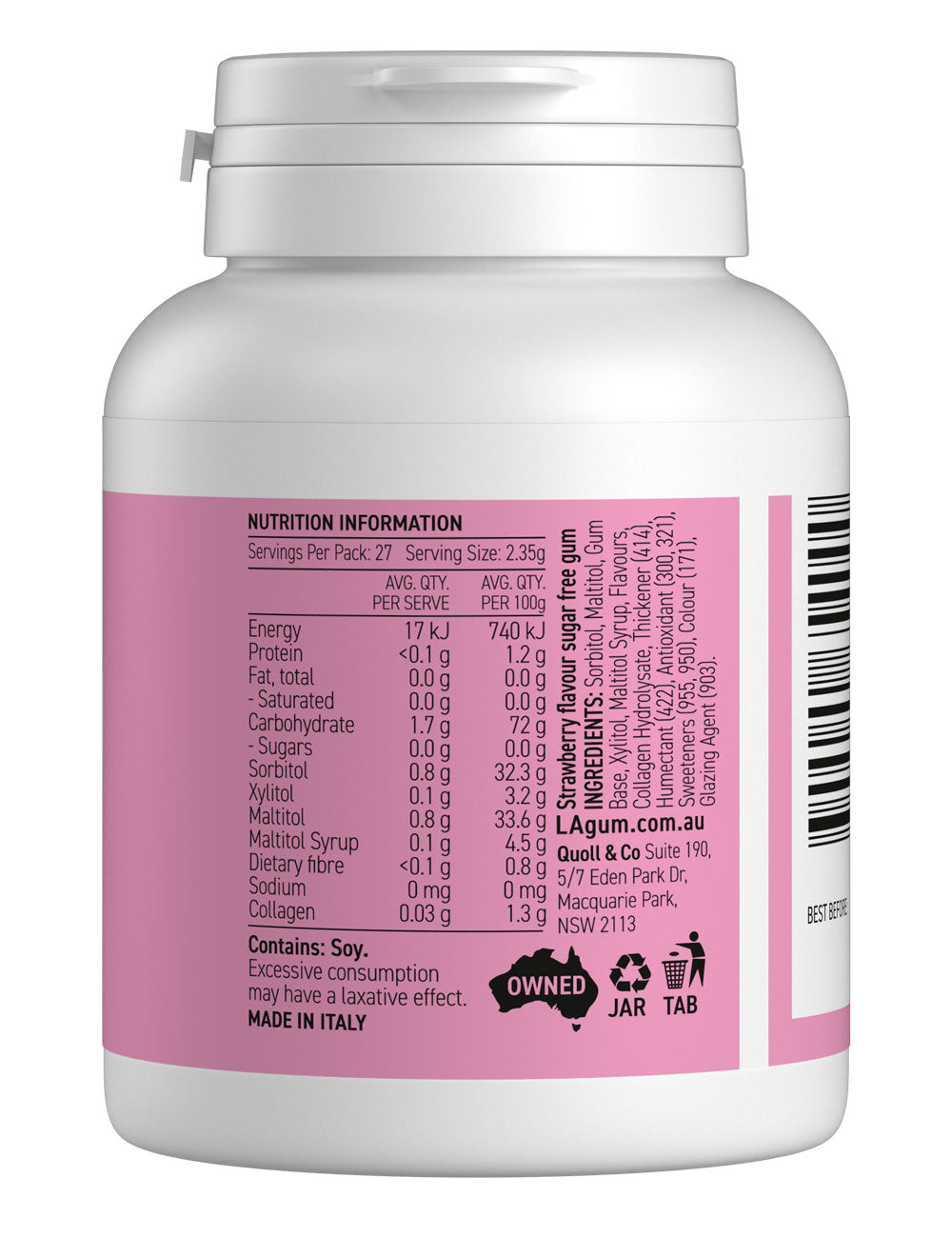 LA Health Collagen Gum Strawberry. Box of  24 - 3 x 8 packs